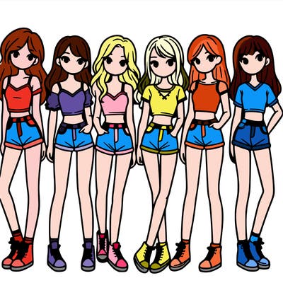 a group of girls wearing crop tops and shorts