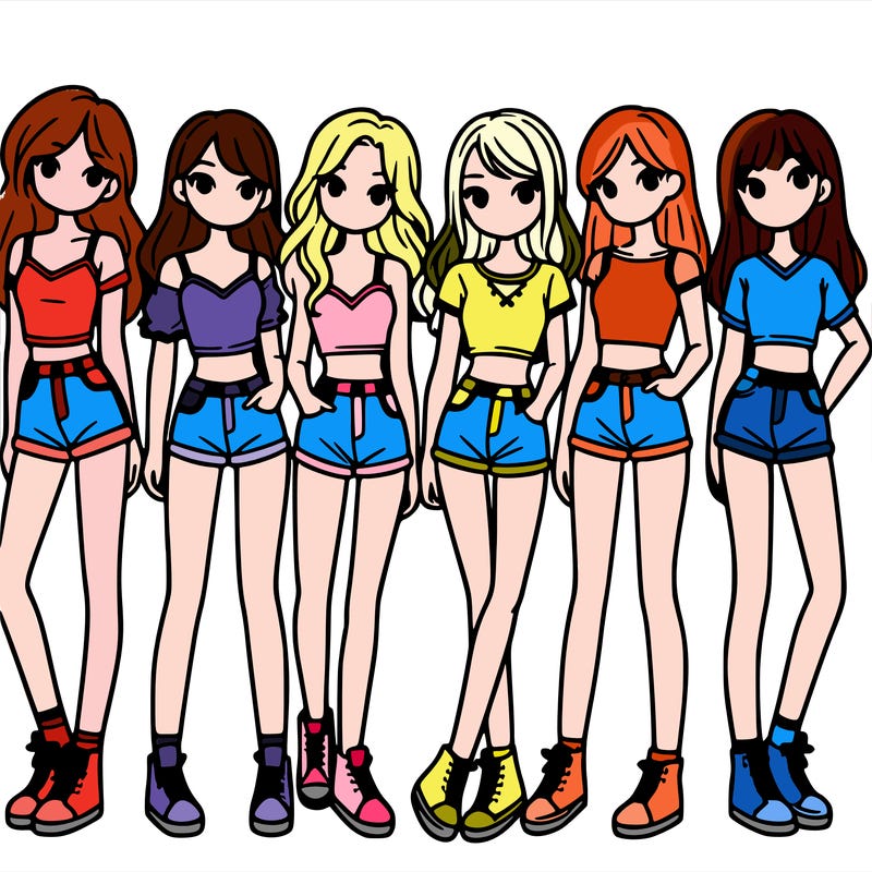 a group of girls wearing crop tops and shorts