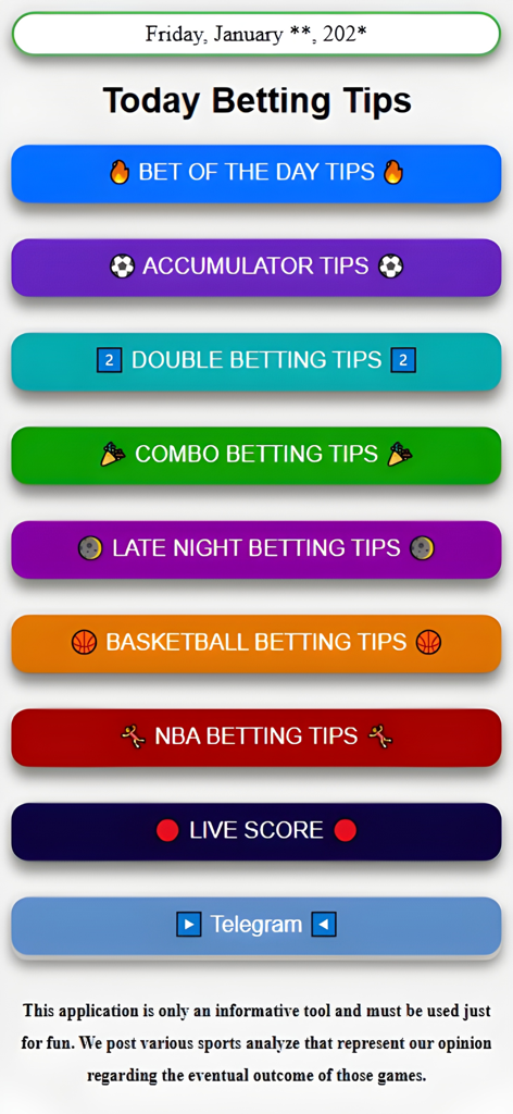 Main screen of the Betting Tips app showing various betting categories like Accumulator, NBA, and Basketball tips.
