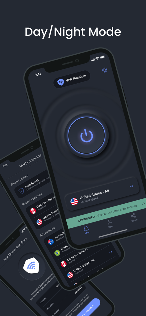 VPN Vault - Super Proxy App - VPN Vault app interface on iPhone featuring dark mode and global server selection
