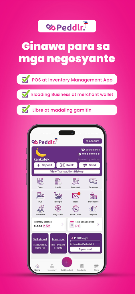 Panel de la aplicación móvil Peddlr que muestra la gestión de inventario TPV y herramientas de negocio para emprendedores