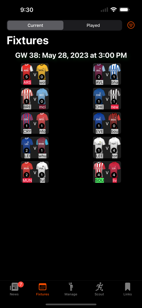 FPL Fantasy Football Manager app fixtures and match scores screen