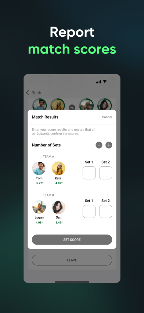 A mobile app interface for reporting racquet sport match results between two teams.