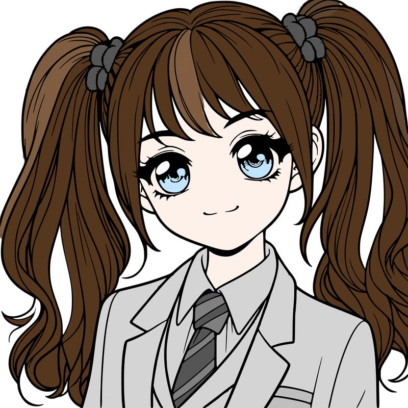 realistic girl with two ponytails and a suit on