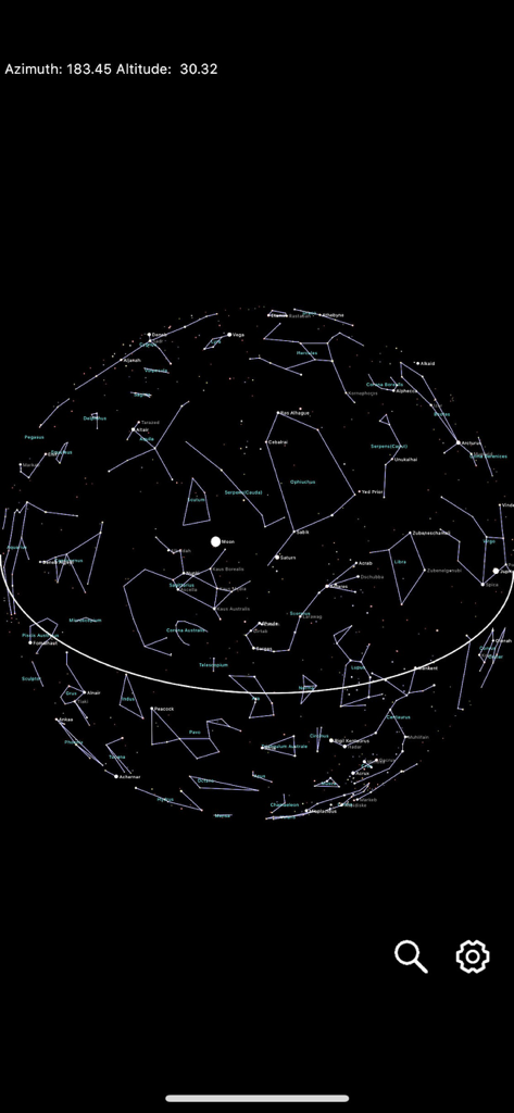Constellation Map mobile - 星と星座が夜空に表示されたConstellation Mapモバイルアプリのインターフェイス