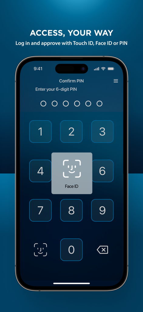 ANZ Digital Key mobile app showing PIN and Face ID authentication screen for secure corporate banking login