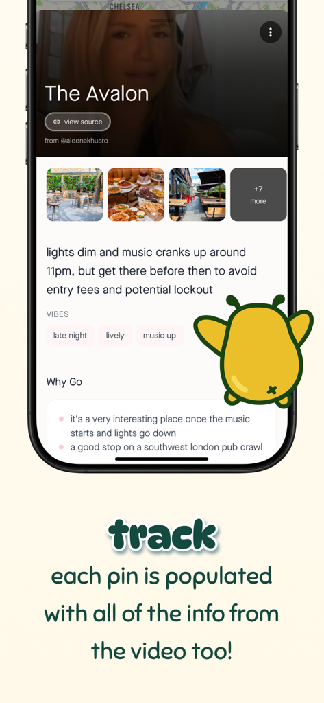 Interfaz de la aplicación mio que muestra un lugar de viaje guardado con detalles como fotos y ambientes extraídos de un video de redes sociales.