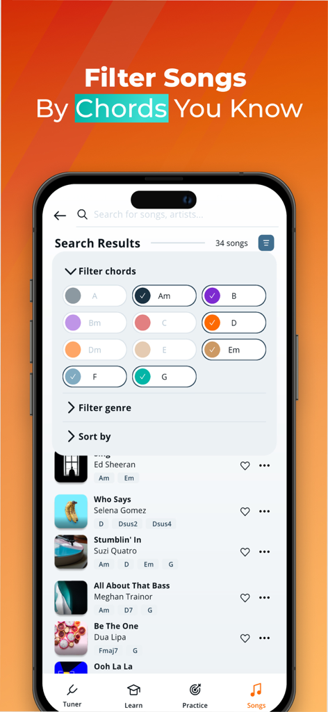 Smartphone screen showing guitar song search results filtered by known chords like Am, D, and G in the Justin Guitar app