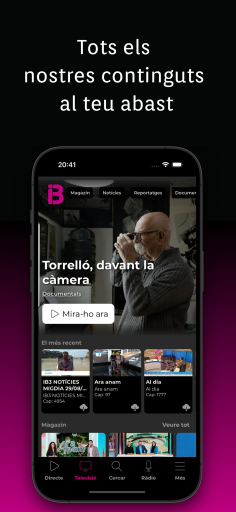 Pantalla de smartphone que muestra la página de inicio de la app IB3 con secciones de noticias y documentales