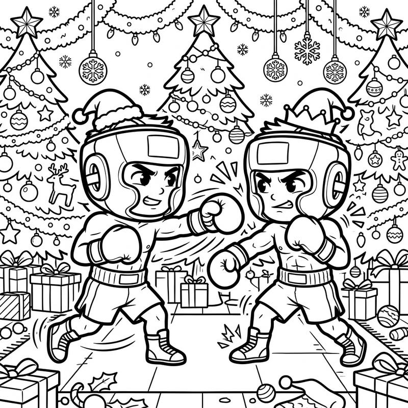 Gear up for a unique holiday challenge with this exciting Boxers Sparring Christmas coloring page! It features two spirited fighters in a festive ring, surrounded by joyful Christmas decorations, perfect for an engaging coloring session.