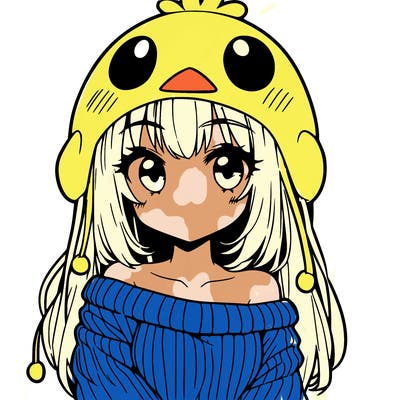 anime girl with chick shaped hat with sweater with bare shoulders with bangs covering them one eye with low tail