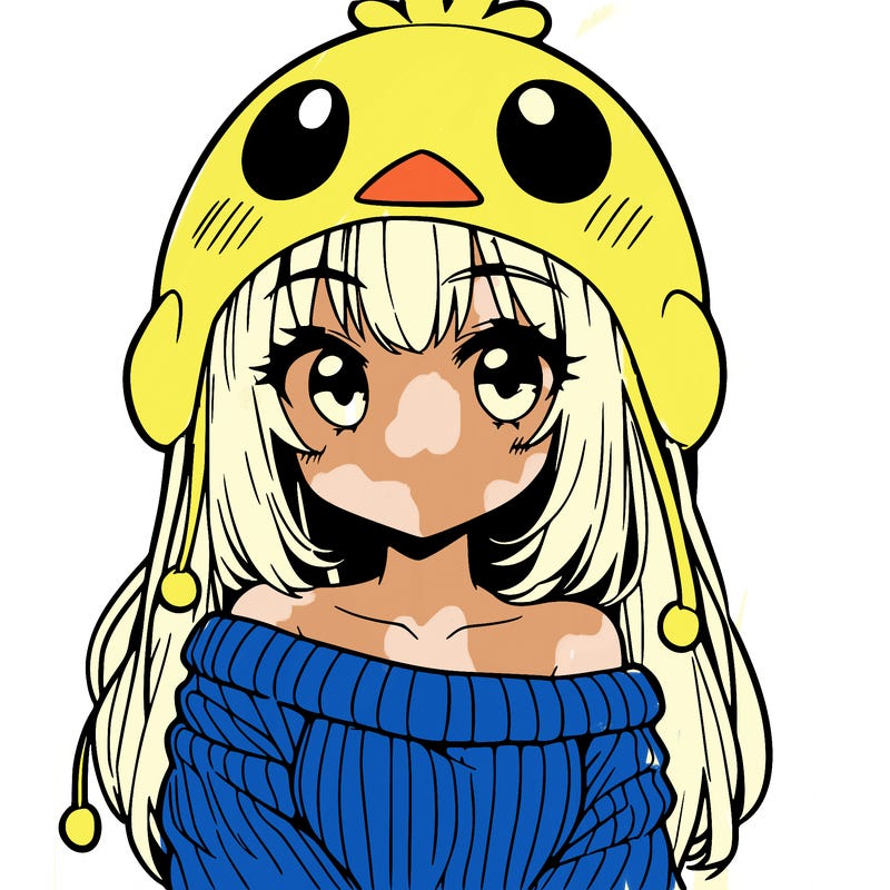 anime girl with chick shaped hat with sweater with bare shoulders with bangs covering them one eye with low tail