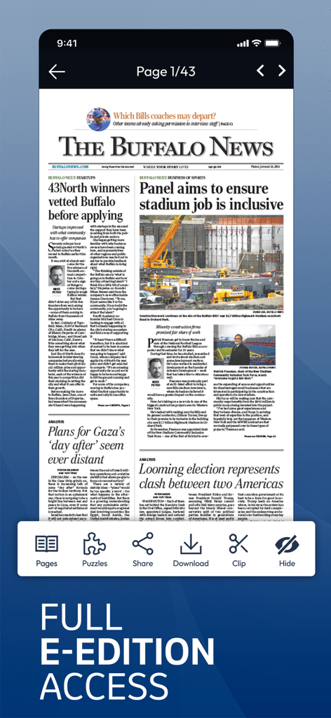 The Buffalo News App - Smartphone screen displaying the digital e-edition of The Buffalo News paper