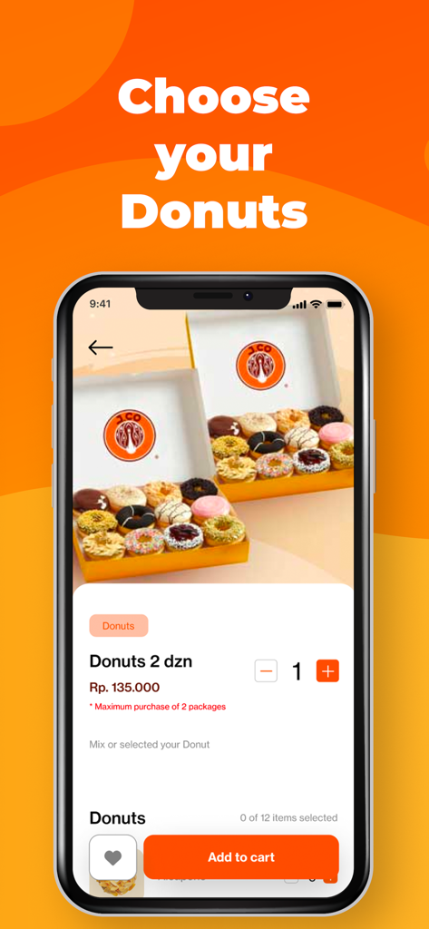 Schermata dell'app mobile J.CO per la selezione di due dozzine di ciambelle assortite
