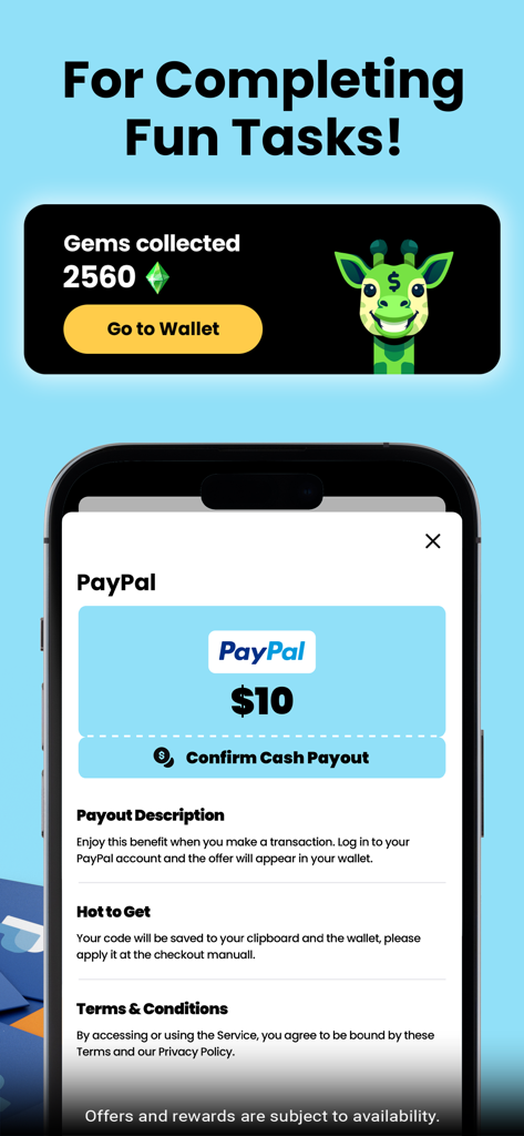 Mobile screen showing a 10 dollar PayPal cash payout confirmation in the Cash Giraffe app
