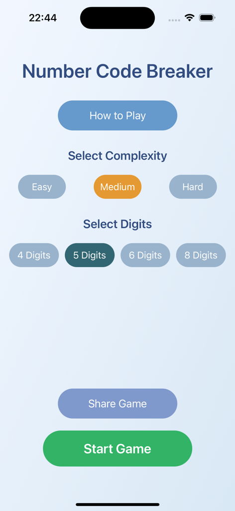 Tile Storm Code Breaker app menu showing game settings for complexity and digit selection