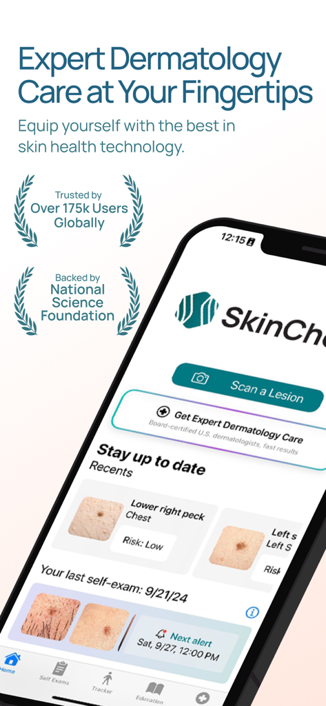Skin-Check app home screen featuring lesion analysis results and skin health tracking dashboard