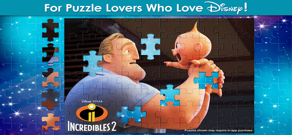 Disney Jigsaw Puzzles! - A Disney Jigsaw Puzzles screenshot featuring an Incredibles 2 movie scene being solved with puzzle pieces.