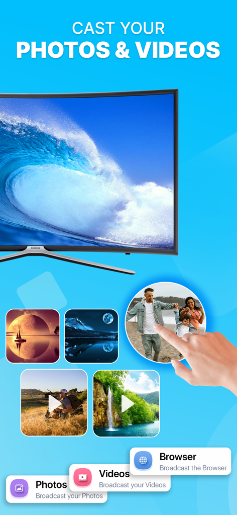 Interface de l'application TV Cast montrant les options pour diffuser des photos, des vidéos et un navigateur sur un Smart TV