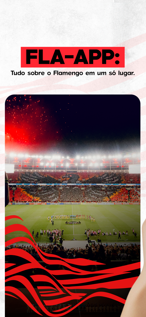 CR Flamengo - 公式CRフラメンゴアプリの画面には、ファンと花火で賑わうサッカー場が表示されています