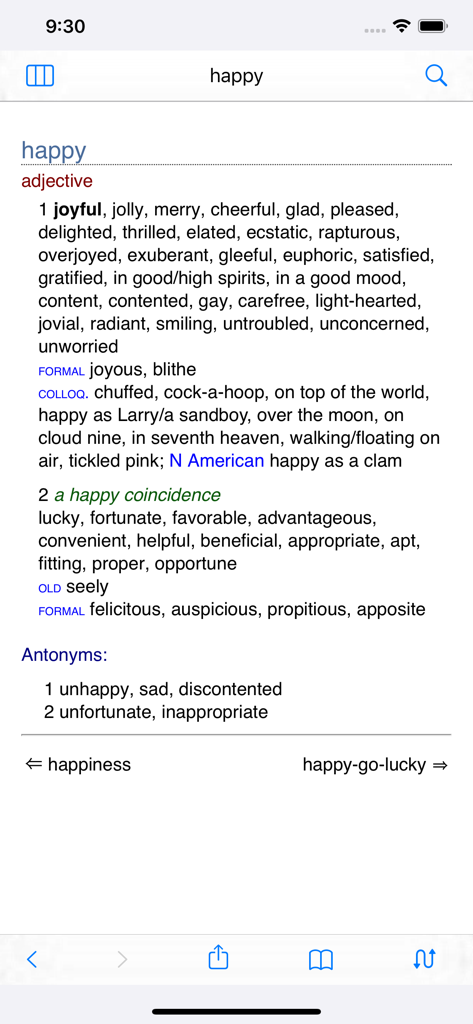 Chambers Thesaurus app entry showing synonyms and antonyms for the word happy