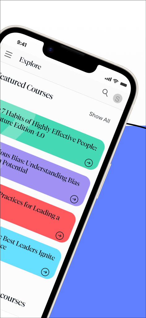 FranklinCovey Impact Platform - Interfaz de la aplicación Plataforma de Impacto FranklinCovey que muestra cursos destacados de desarrollo profesional como Los 7 Hábitos de la Gente Altamente Efectiva.