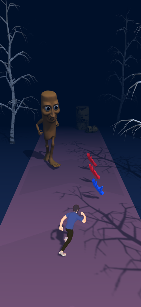 Gameplay screenshot showing a character running away from a brown meme monster in a dark forest