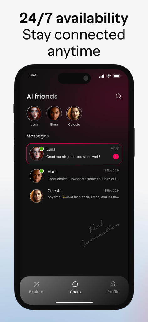 AI Girlfriends: Roster - AI Girlfriends Roster app interface showing a list of messages from different AI companions