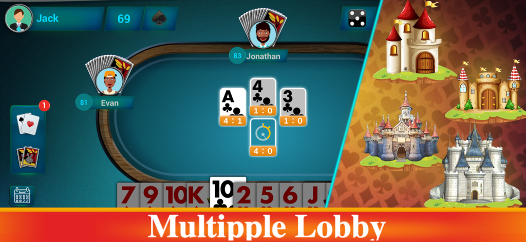 Callbreak Multiplayer Crd Game - A gameplay screen of Callbreak Multiplayer card game showing players at a virtual table and various castle themed lobby choices