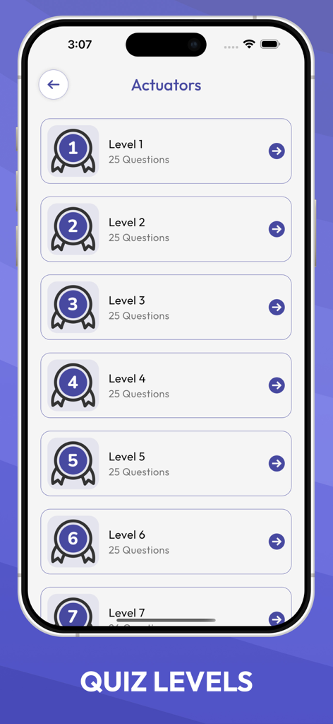 Basic Engineering Dictionary - Interface of the Basic Engineering Dictionary app showing multiple quiz levels for the actuators category
