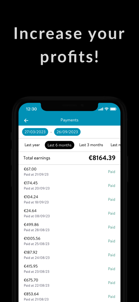 Oscar Professional App Zahlungsübersicht mit Gesamtverdienst und Liste der täglich bezahlten Transaktionen