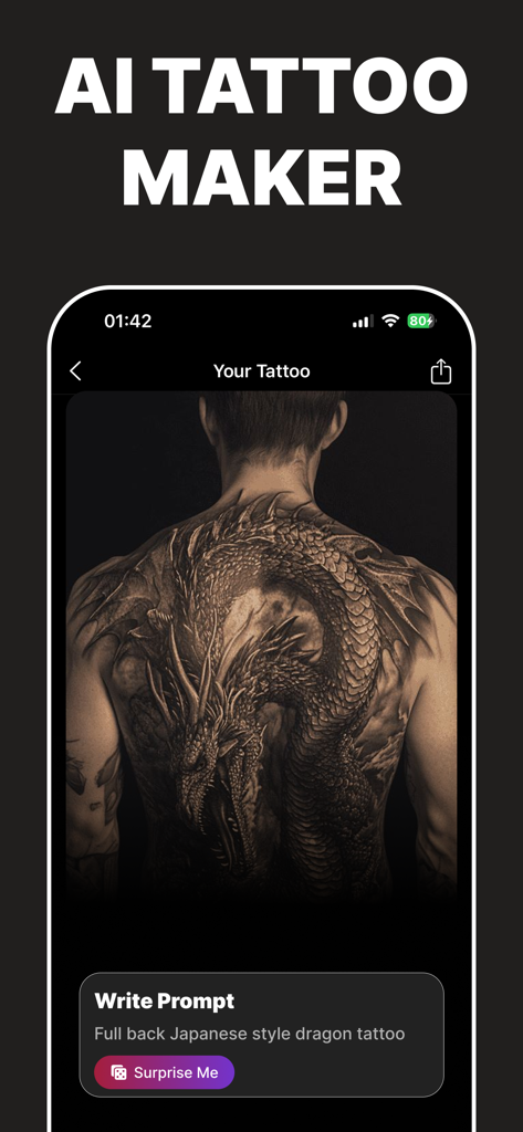 AI Tattoo Design Generator－Ink - Interfaz de una aplicación móvil mostrando una vista previa de un diseño de tatuaje de dragón estilo japonés en una espalda completa generado a partir de una indicación de texto