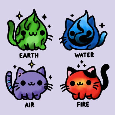 4 cats that represent the different elements, earth, water, air, and fire