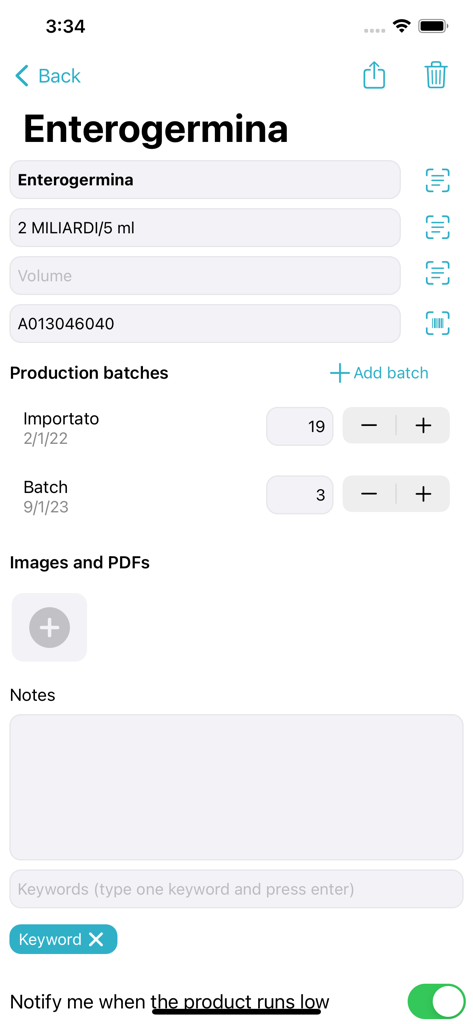 Drug Inventory - Detailbildschirm für Medikamente in der Medikamentenbestand-App, der Chargenverfolgung und Lagerwarnungen anzeigt