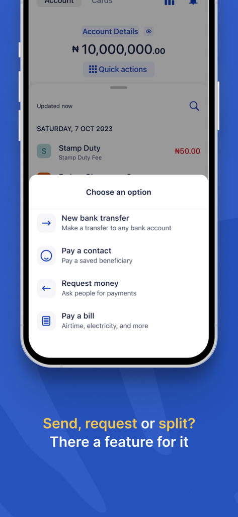 gomoney — The Digital Bank - Mobile screen showing gomoney app transaction options for bank transfers and bill payments