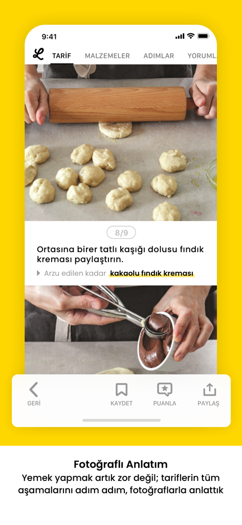 Visual step-by-step recipe instructions in the Lokma cooking app showing dough preparation and hazelnut cream filling.