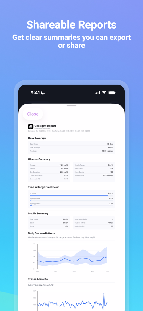 Blood Sugar Tracker: Glu Sight - A detailed shareable report summary for blood glucose and insulin tracking