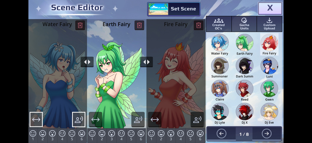 Gacha Story - VN Creator - Scene editor interface in Gacha Story VN Creator showing character selection and expression settings for fairy characters.