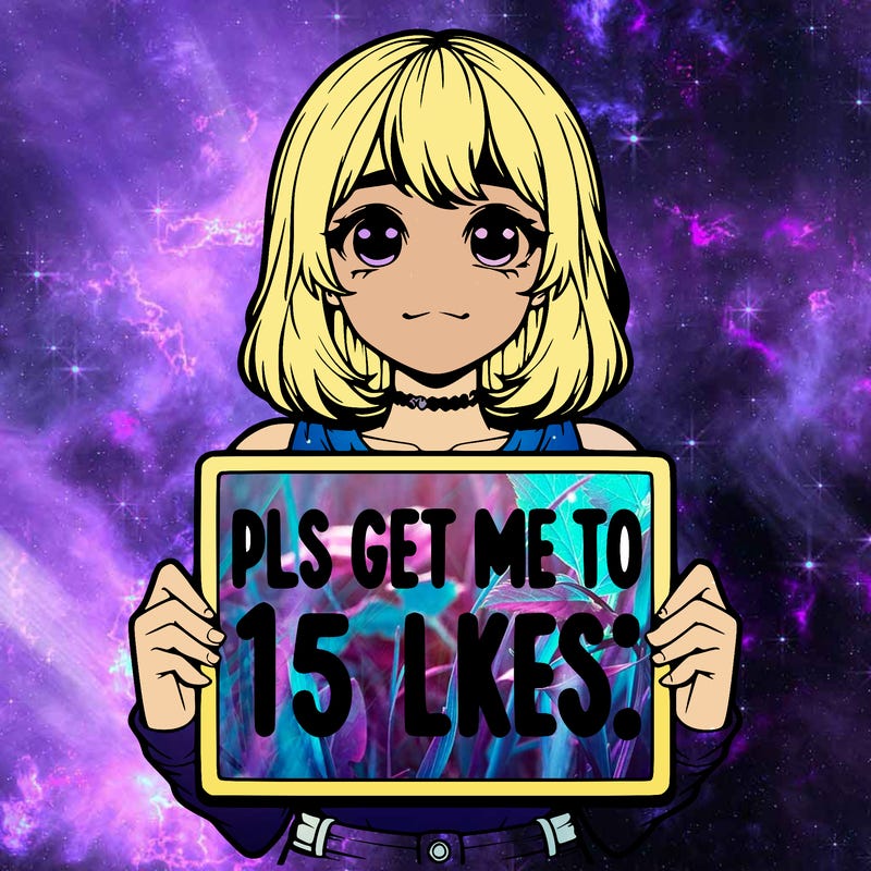 realistic girl holding up a sign that says “pls get me to 15 likes!”
