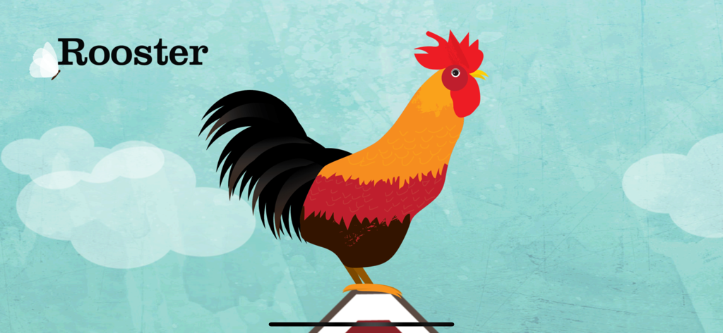 Peekaboo Barn :Peek-a-Zoo Farm - A colorful hand-drawn rooster illustration with the word Rooster in a children's educational app.