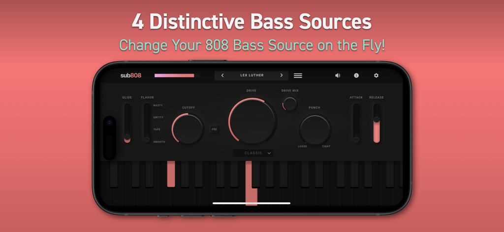 Screenshot der sub808 Mobile App Oberfläche, die die Auswahl der Bass-Quellen und Klangformungs-Regler zeigt