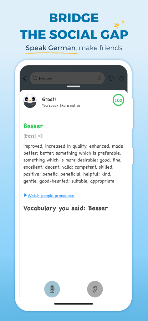 Tela do aplicativo Faztaa exibindo prática de pronúncia alemã e pontuação de nível nativo.