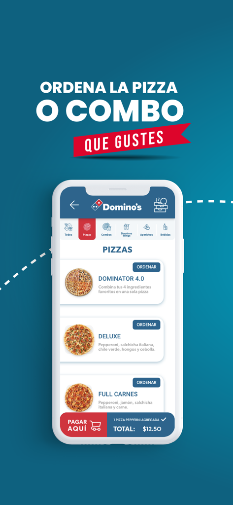 Domino's Pizza El Salvador - Domino's Pizza El Salvador mobile app interface showing a pizza menu with prices and an order summary.