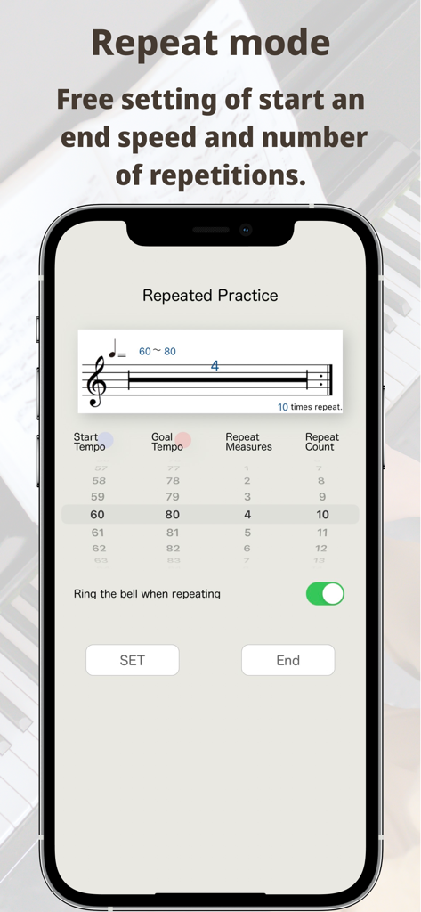 Interface of the Smart Metronome app showing the Repeat Mode settings for musical practice