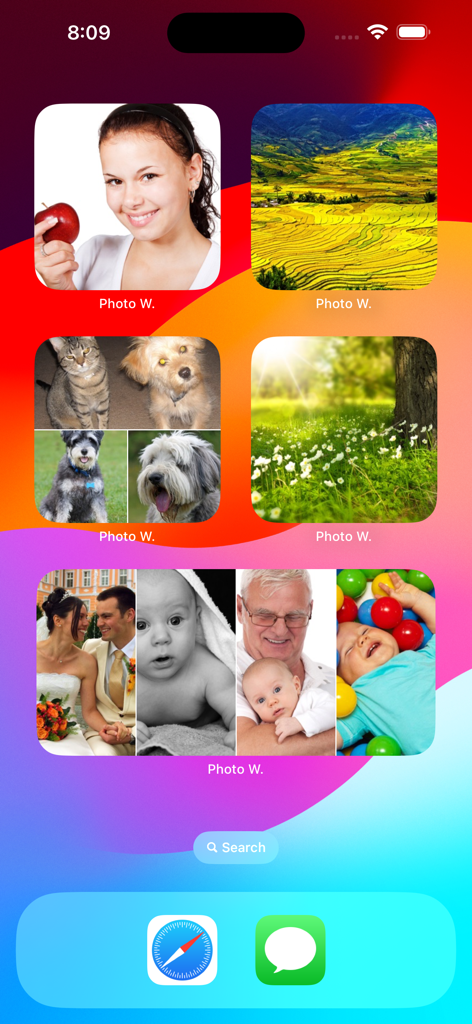 Photo Widget - Angepasster iOS-Home-Bildschirm, der mehrere Foto-Widgets mit Familienhaustieren und Landschaftsbildern anzeigt