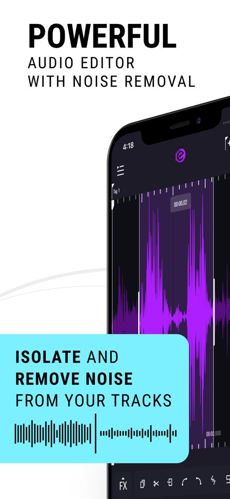 Edity-Audio & Music Editor Lab - Smartphone screen showing Edity app interface with noise removal and waveform editing features