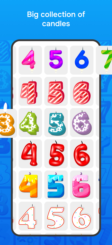 Selection screen displaying a variety of colorful and stylized digital number candles for birthdays