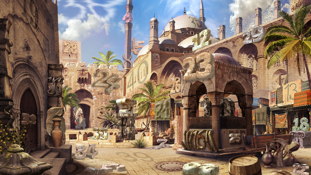 Tela de jogabilidade de Mysteriez Encontre Números Escondidos mostrando vários números escondidos dentro de uma cena de cidade antiga do Oriente Médio