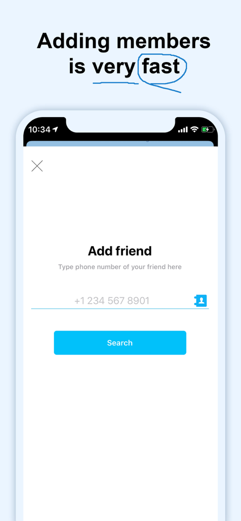 Interfaz para agregar amigos y familiares por número de teléfono en la aplicación