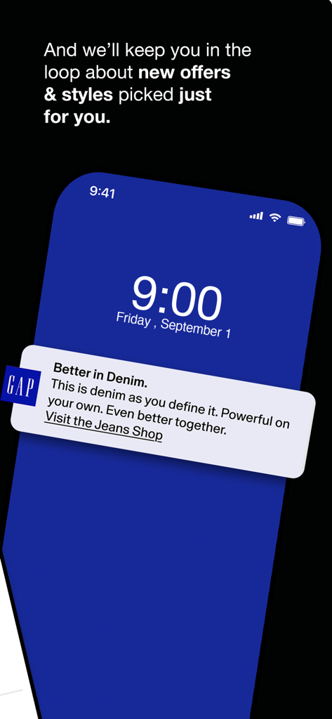 Pantalla de bloqueo del iPhone que muestra una notificación push de la app de Gap para nuevos estilos de denim y ofertas